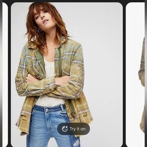 Free People Plaid Shirt with Studded Sleeves